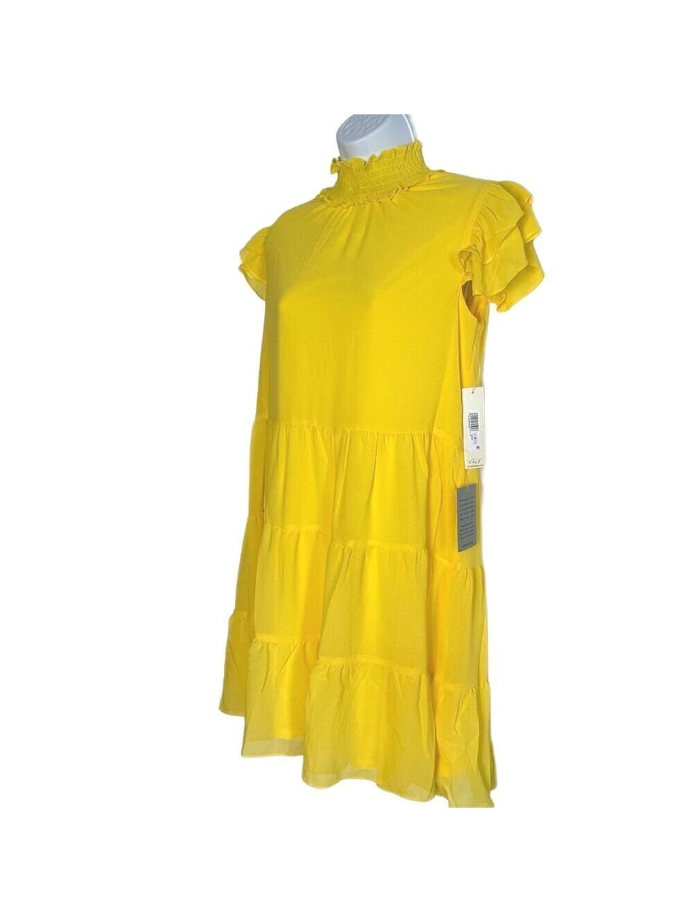 NWT Eliza J Women's Yellow Tiered Dress with Mock Neck and Cap Sleeves SZ 6